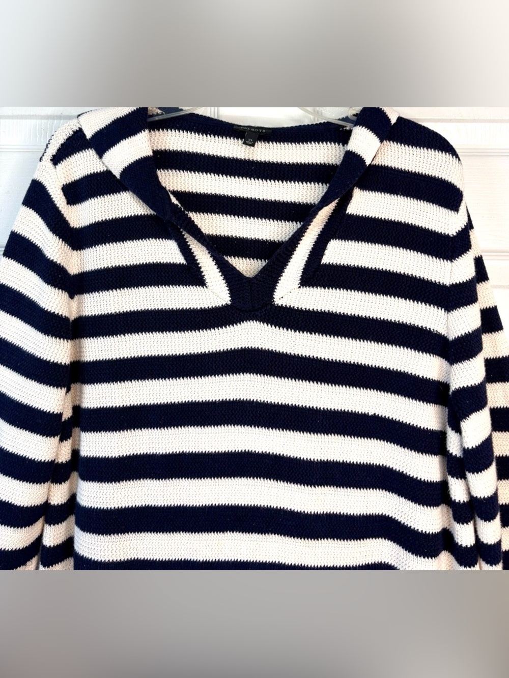 TALBOTS Navy Blue Striped Hoodie Sweater Kangaroo Pocket Nautical Preppy XL - Picture 2 of 6